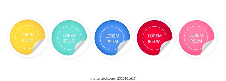 A set of paper, colorful stickers. Round labels with curled corners.Abstract geometric design template in circle shape. Vector illustration.
