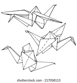 set of paper cranes, hand drawn ink illustration, hand drawn design elements