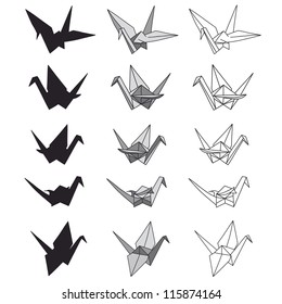 Set of paper cranes on white. Origami in vector