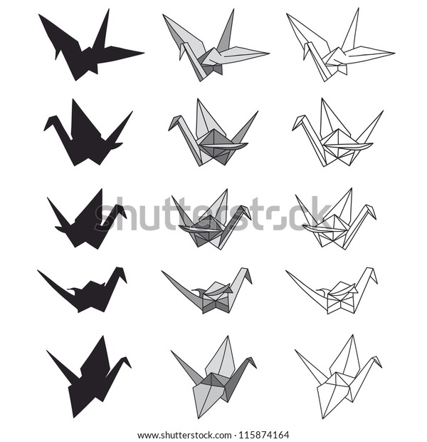 Set of paper\
cranes on white. Origami in\
vector