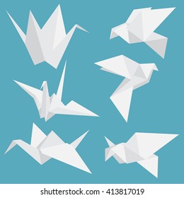 Set of paper cranes origami birds isolated. Vector illustration.