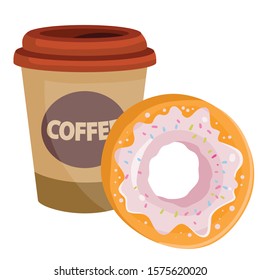 set of paper cup with coffee and donut with pink icing, isolated object on a white background, vector illustration