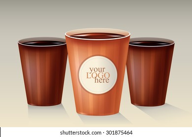Set paper cups of coffee. Change the text in the middle of the cup, suitable for advertising or poster petrol stations and cafes. Background for banner screensavers in retro style.