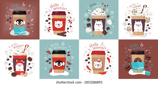 Set of paper cups with hot coffee decorated with cute faces of Alpaca, bear, penguin. Vector illustration, isolated.