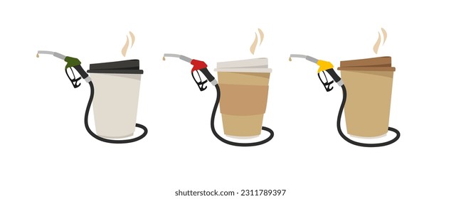 Juego de tazas de papel con café caliente y una pistola de gas. Concepto publicitario - nos llenamos de café. Para cafés, gasolineras. Gráficos vectoriales planos simples.