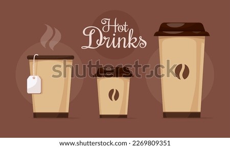 Set of paper cups for hot drinks, coffe espresso, large cappuccino or latte, tea with bag tag on thread and steam. Brown background. Vector illustration