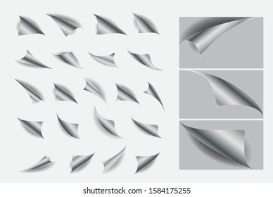 Set Of Paper Curls With Realistic Shadow Or Curled Corners Blank Empty Book Or Curved Page Fold Concept. Easy To Modify