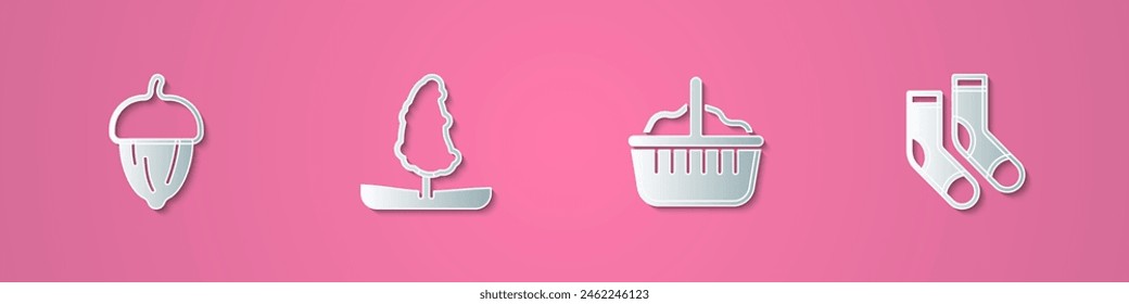 Set paper cut Acorn, Tree, Basket and Socks icon. Paper art style. Vector