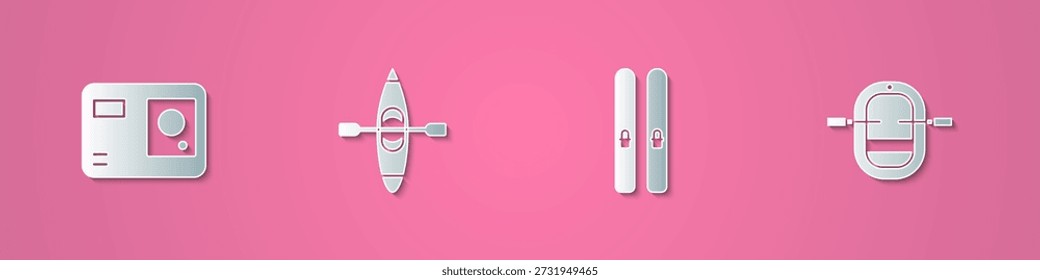 Conjunto de corte de papel Cámara extrema de acción, kayak o canoa, esquí y palos e icono de barco de rafting. Estilo de arte de papel. Vector