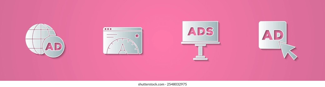Establecer la publicidad de corte de papel, la estadística de Sitio web y el ícono. Estilo de arte de papel. Vector