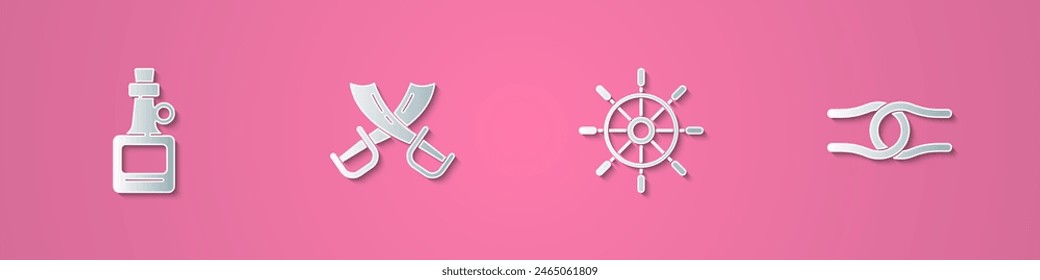 Set paper cut Alcohol drink Rum, Crossed pirate swords, Ship steering wheel and Rope tied knot icon. Paper art style. Vector