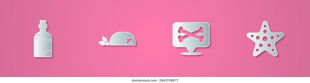 Set paper cut Alcohol drink Rum, Pirate bandana for head, Location pirate and Starfish icon. Paper art style. Vector