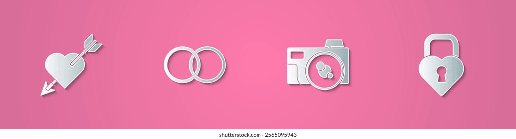 Set paper cut Amour with heart and arrow, Wedding rings, Photo camera and Castle the shape of icon. Paper art style. Vector