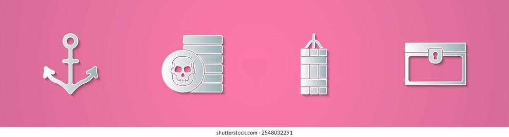 Conjunto de papel cortado Ancla, moneda de pirata, bomba de dinamita e icono antiguo del cofre del tesoro. Estilo de arte de papel. Vector