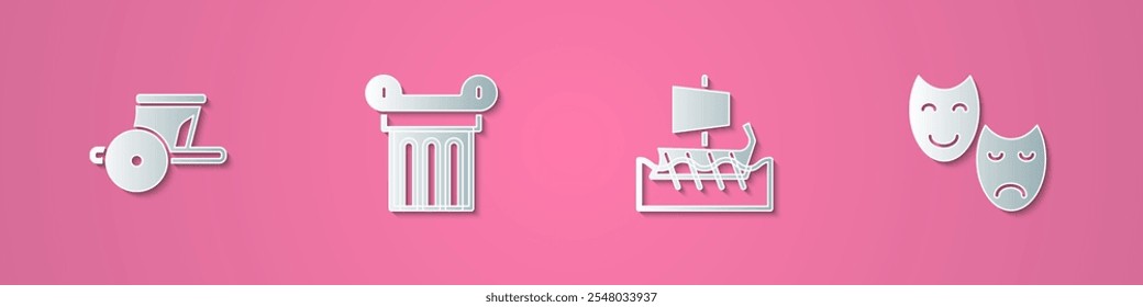 Set paper cut Ancient chariot, column, Greek trireme and Comedy and tragedy masks icon. Paper art style. Vector