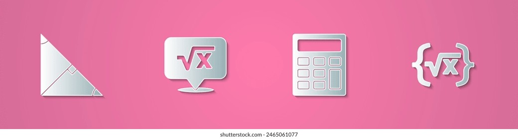 Set paper cut Angle bisector of a triangle, Square root x glyph, Calculator and  icon. Paper art style. Vector