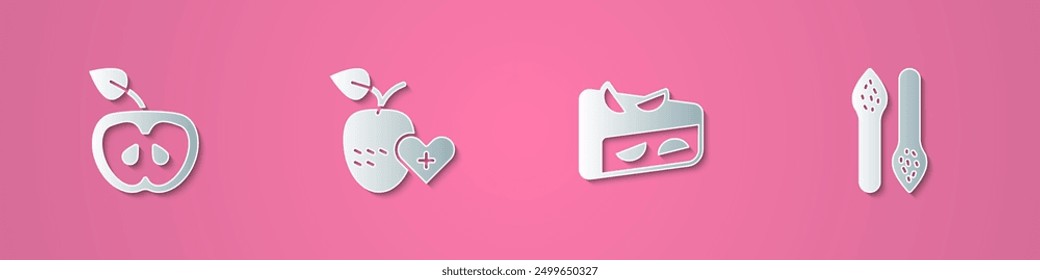 Set paper cut Apple, Healthy fruit, Homemade pie and Asparagus icon. Paper art style. Vector