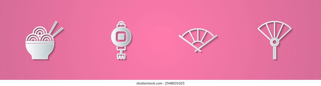 Set paper cut Asian noodles in bowl, Chinese paper lantern, or japanese folding fan and  icon. Paper art style. Vector