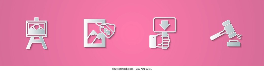 Set paper cut Auction painting, Hand holding auction paddle and hammer icon. Paper art style. Vector