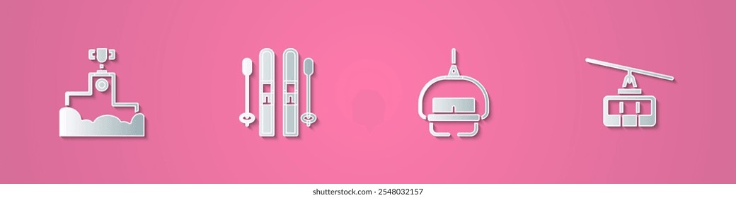Set paper cut Award winner podium, Ski and sticks, lift and Cable car icon. Paper art style. Vector