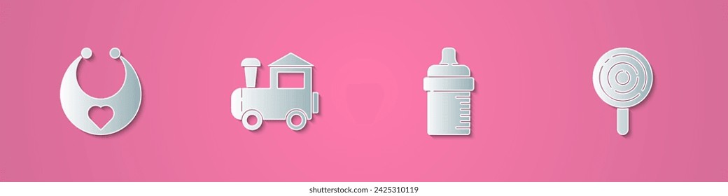 Set paper cut Baby bib, Toy train, bottle and Lollipop icon. Paper art style. Vector