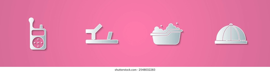 Set paper cut Baby Monitor Walkie Talkie, shoes, bathtub and hat icon. Paper art style. Vector