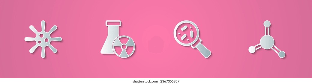 Colocar bacterias de corte de papel, radiación de tubo de ensayo, Microorganismos bajo lupa e icono de molécula. Estilo de arte de papel. Vector