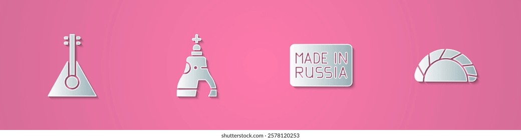 Set paper cut Balalaika, The Tsar bell, Made in Russia and Dumpling icon. Paper art style. Vector