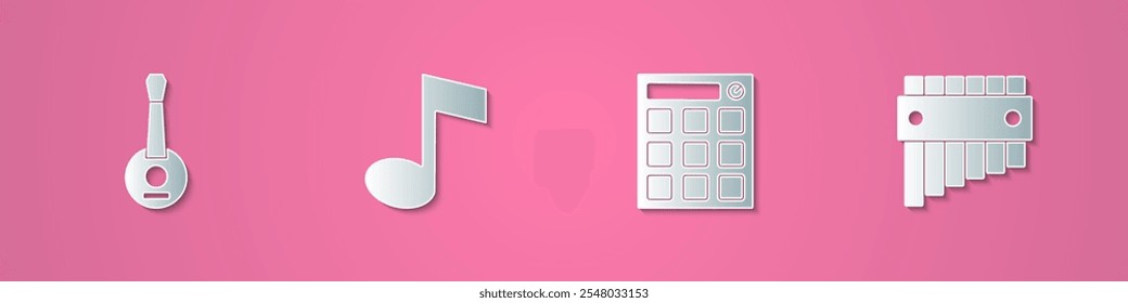 Set papel cortado Banjo, nota de música, tono, máquina de tambor y Pan flauta icono. Estilo de arte de papel. Vector