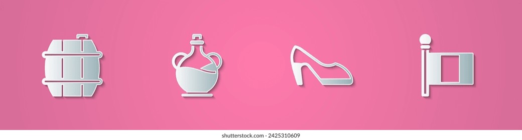 Set paper cut Barrel for wine, Bottle of olive oil, Woman shoe and Flag Italy icon. Paper art style. Vector
