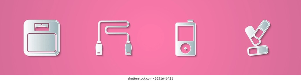 Definir corte de papel Balanças de banheiro, Corda de salto, Leitor de música e ícone de pílula de vitamina. Estilo da arte do papel. Vetor