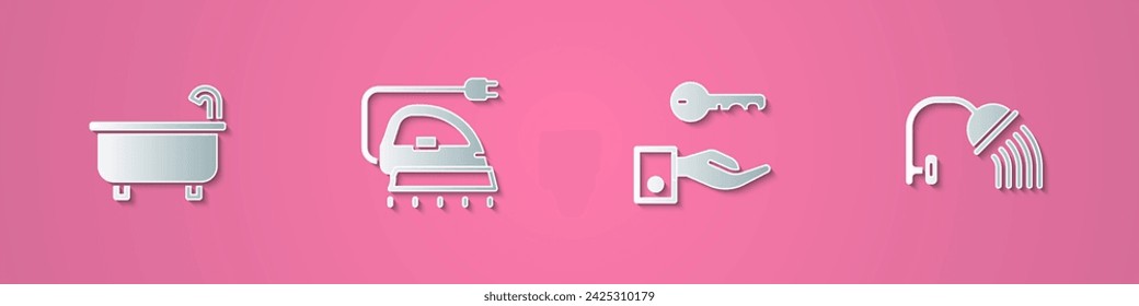 Bañera, plancha eléctrica, llave de la cerradura de la puerta del hotel y el icono de la cabeza de la ducha. Estilo de arte de papel. Vector