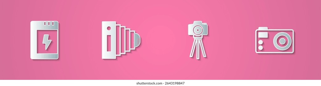 Ajuste la batería de corte de papel para la cámara, la foto y el icono. Estilo de arte de papel. Vector