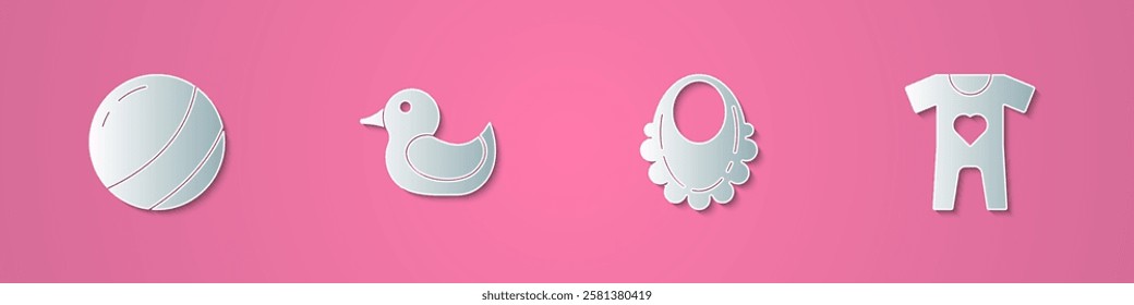 Set paper cut Beach ball, Rubber duck, Baby bib and clothes icon. Paper art style. Vector