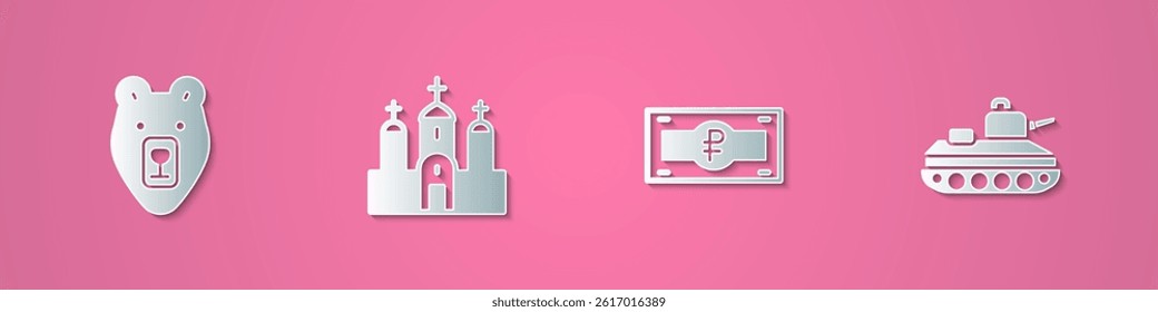Set paper cut Bear head, Church building, Russian ruble banknote and Military tank icon. Paper art style. Vector
