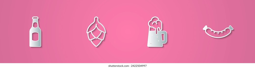 Set paper cut Beer bottle, Hop, Wooden beer mug and Sausage icon. Paper art style. Vector