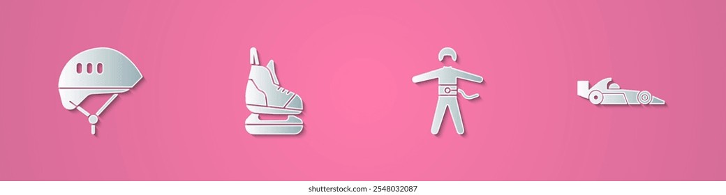 Set paper cut Bicycle helmet, Skates, Bungee jumping and Formula 1 racing car icon. Paper art style. Vector