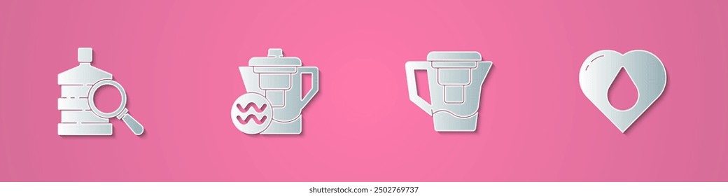 Fije la botella grande del corte de papel con el agua limpia, el Filtrar del jarro de agua, y el icono de la gota del corazón. Estilo de arte de papel. Vector