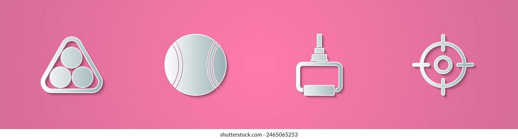 Set de bolas de billar cortadas en papel en un triángulo de rack, tenis, equipo de entrenamiento de bucle TPX e ícono deportivo Target. Estilo de arte de papel. Vector