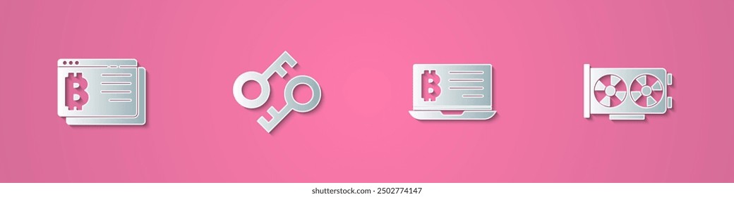 Legen Sie Papier schneiden Bitcoin in Browser, Kryptowährung Schlüssel, Mining Bitcoin von Laptop und Video-Grafikkarte Symbol. Papierkunststil. Vektorgrafik