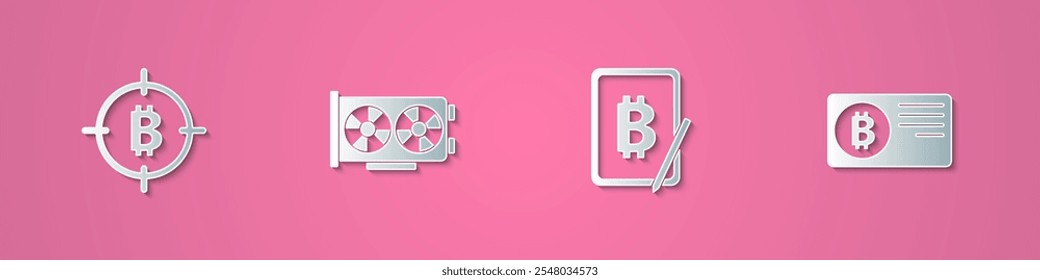 Set paper cut Bitcoin in the target, Video graphic card, Mining bitcoin from tablet and Credit with icon. Paper art style. Vector