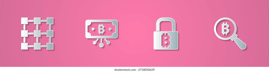 Set paper cut Blockchain technology, Bitcoin with circuit, Lock bitcoin and Magnifying glass icon. Paper art style. Vector