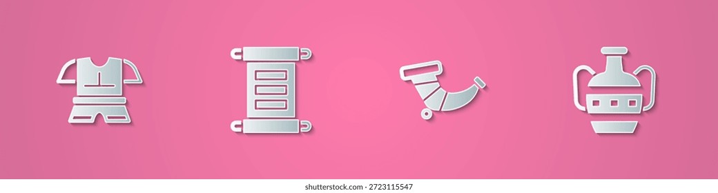 Conjunto de papel cortado armadura corporal, decreto, pergamino, pergamino, cuerno de caza e icono de ánforas antiguas. Estilo de arte de papel. Vector