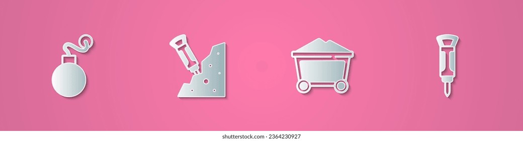 Set paper cut Bomb, Construction jackhammer, Mine coal trolley and  icon. Paper art style. Vector