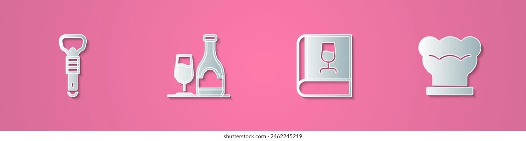 Set paper cut Bottle opener, Wine bottle with glass, Book about wine and Chef hat icon. Paper art style. Vector