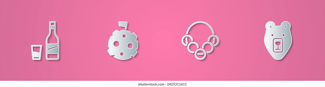 Set paper cut Bottle of vodka with glass, Moon flag, Russian bagels and Bear head icon. Paper art style. Vector
