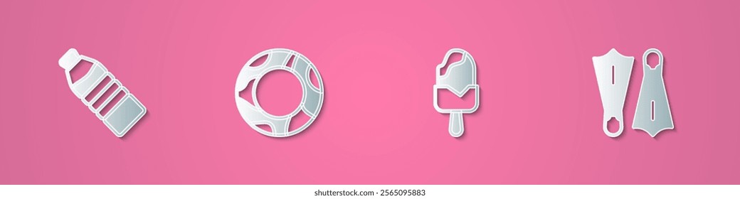 Set paper cut Bottle of water, Rubber swimming ring, Ice cream and flippers for icon. Paper art style. Vector