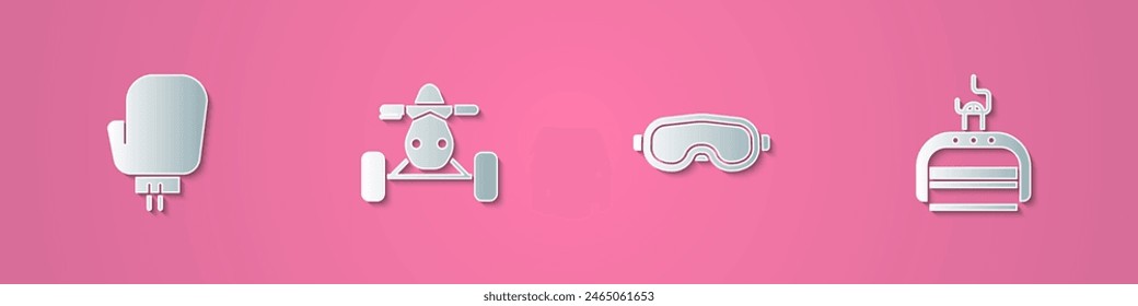 Set paper cut Boxing glove, ATV motorcycle, Ski goggles and lift icon. Paper art style. Vector