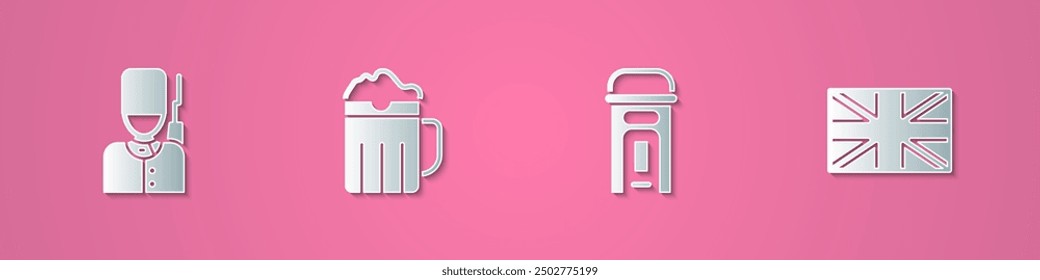 Set de papel cortado soldado británico, taza de cerveza de madera, cabina telefónica de Londres e icono de la bandera de Gran Bretaña. Estilo de arte de papel. Vector