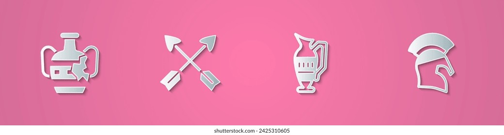 Set paper cut Broken amphorae, Crossed arrows, Ancient and Greek helmet icon. Paper art style. Vector
